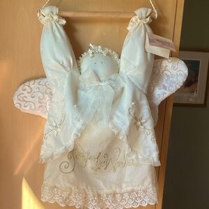 Xmas Angel🎄 😇 wall hanging on a wooden dowel with a cream colored organza dress